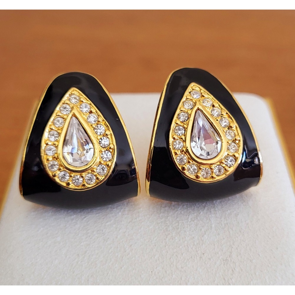Vintage 90's Signed IVANA Clip-on Earrings Rhinestones w/  Enamel Bold Gold Tone